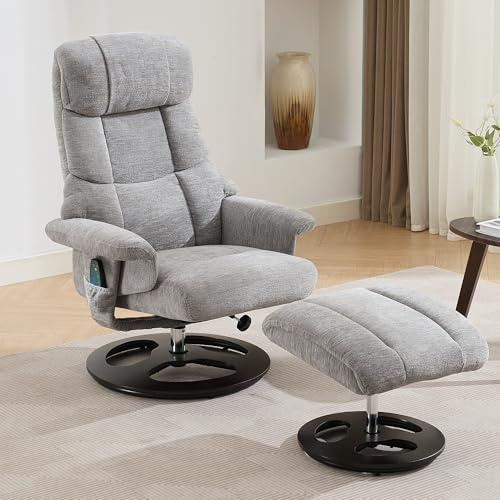 DEKKETO Swivel Recliner Armchair With Footstool, High Back Reclining Chairs With Heat And Massage, Ergonomic Single Sofa Chair With Wooden Base for Living Room, Chenille, Grey