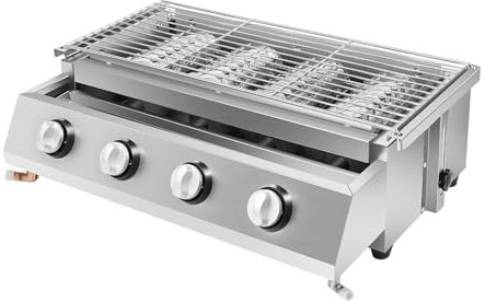 Barbecue a gas con 4 bruciatori, in acciaio inox, regolabile in altezza, con griglia rimovibile, 4 fiamme e 4 interruttori di controllo, 55,8 x 23,2 cm, per campeggio, balcone, giardino