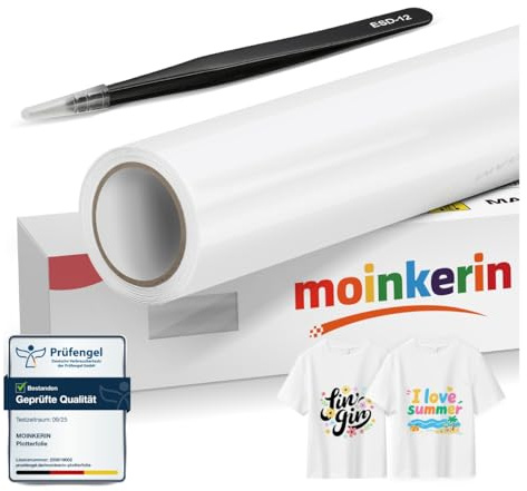 moinkerin Vit 30,5 x 400 cm, plotterfolie, textil och överföringsfolie, plotter – PVC-överföringsfolie med pincetter i rostfritt stål för gör-det-själv T-shirts och textilier