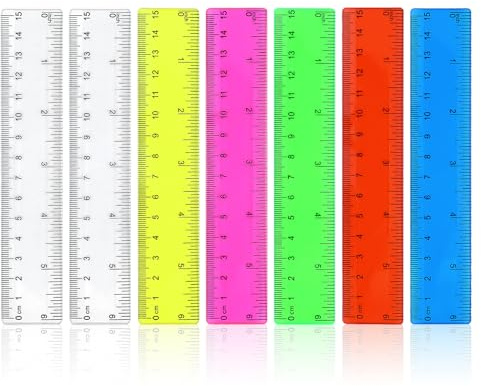 Lot de 7 Règle en Plastique, Règle Droite Échelle Double de 6 IN / 15 CM, Règle Transparente Colorée pour L'école, Bureau, Maison