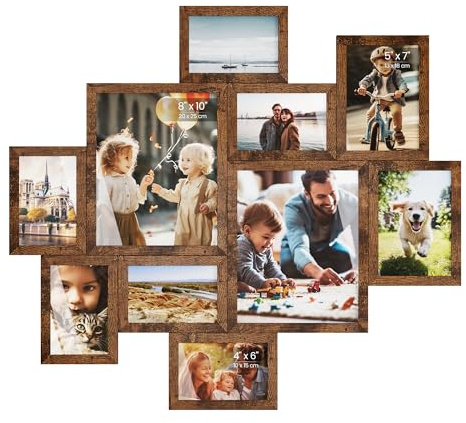 SONGMICS Collage Photo Frames, 10 Multi Picture Frames for Wall, Two 8x10 Inches (20 x 25 cm), Four 5x7 Inches (13 x 18 cm), Four 4x6 Inches (10 x 15 cm), Tool-Free Assembly, Rustic Brown RPF100MZ01