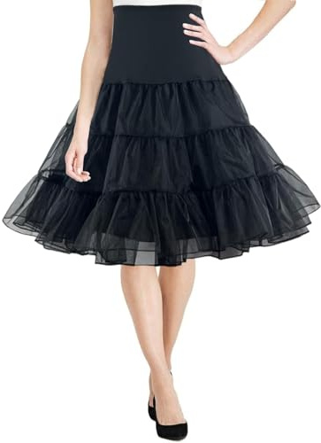 Hykiee Women 50's Petticoats for Under Dress, Retro Vintage Swing Crinoline Rockabilly Petticoat Underskirt, A-line Half Slips Tutu Under Skirt for Puffy Wedding Dress Cosplay Halloween Costume Black