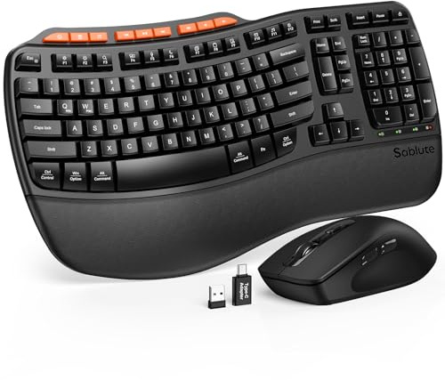 Ergonomic Wireless Keyboard and Mouse Combo, 2.4G Full Size Wave Key Board with Cushioned Palm Rest, Natural Typing, 3 DPI Adjustable Mouse, USB-A & C for Computer/Laptop/Mac/Tablet - Sablute MA31