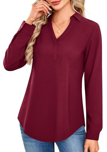 Amoretu Blouses for Women Chiffon Long Sleeve Collared Shirt Office Wear Tops Burgundy M