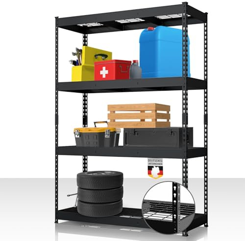 Floordirekt Yukon Rivet - Estantería para cargas pesadas, 180 x 120 x 60 cm, 4 niveles, color negro, con estantes de rejilla, capacidad de carga de 250 a 350 kg por nivel, varios tamaños y colores