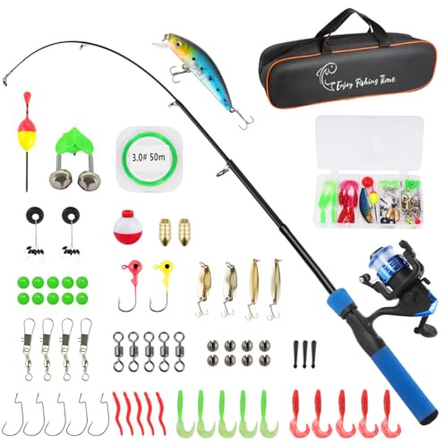 SandKing - Kit de caña de pescar para niños, combinado con caña telescópica de 1,5 m y carrete giratorio, caja de tackle, bolsa de transporte, equipo de pesca para niños, niñas, niños pequeños y