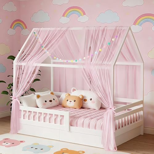 DOINEUFL 2 pezzi Tenda da letto a baldacchino per lettino bambini, 160x350cm con ghirlanda di pompon colorata e fasce di fissaggio, tende leggere e traspiranti per decorazione (Rosa)