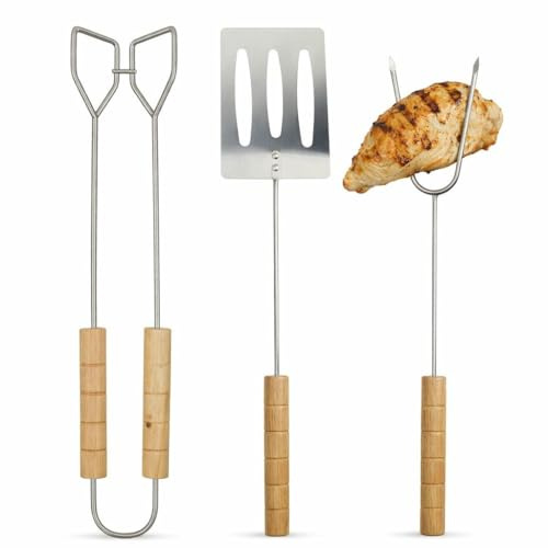 Set 3 Utensili per Barbecue in Acciaio e Legno - Paletta + Forchetta +Pinzetta - Lunghezza 35cm circa - Set per grigliate