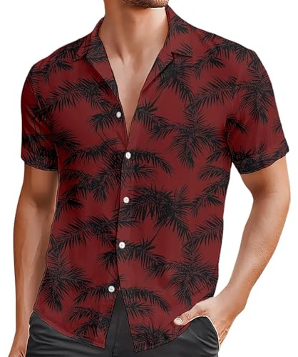 Generisch Chemise hawaïenne à manches courtes pour homme, avec imprimé floral, coton léger et respirant, coupe ample avec poche de poitrine, pour vacances, plage, fête, rouge2, M