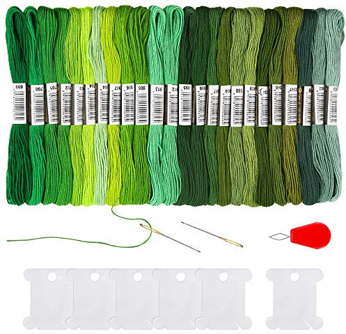 Pllieay 24 Stränge Grüner Farbverlauf Sticktwist Kreuzstichfäden Freundschaftsarmbänder Floss mit 6 Garnspulen, 2 Nadeln und 1 Nadeleinfädler für Kreuzstich-Projekte