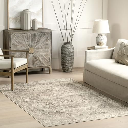 nuLOOM Brielle Machine Washable Vintage Medallion Area Rug, 4' x 6', Grey/Tan