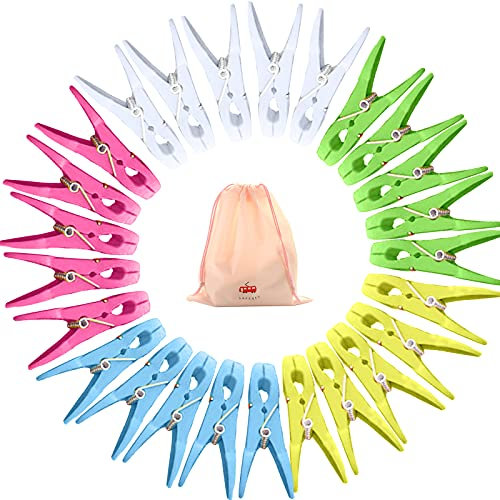 60 Pcs Clothes Pegs with Storage Bag, VEGCOO Plastic Clothes Clips Clothes Pins Durable and Windproof Laundry Pegs, Strong Clothes Pegs for Washing Line Laundry Bathroom Kitchen (5 Light Colours, 60)