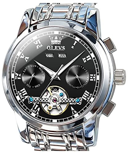 OLEVS Self Winding Watches for Men Automatic Mechanical Tourbillon Stainless Steel Waterproof Luminous Luxury Dress Wrist Watches (Black)