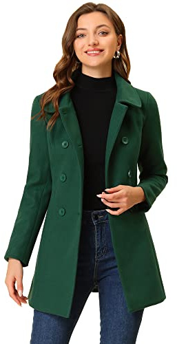 Allegra K Women's St. Patrick's Day Peter Pan Collar Double Breasted Winter Long Trench Pea Coat Dark Green M