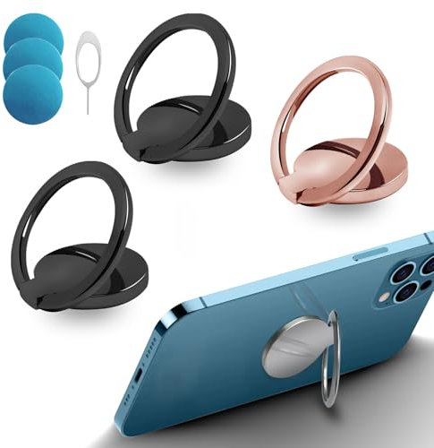3 Piezas Anillo Movil Universal, con 3 Piezas de Hierro+1 Pasador de Tarjeta Rotación de 360° Anillo Soporte para Movil para Todos los Smartphones (2 Negro + Oro Rosa)