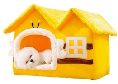 seegeeneey Warm Pet Dog Cat House Bed Kennel Soft Pet Indoor Tent Sleeping Nest Cushion Mat Foldable House Washable (Large,Yellow-Bee)