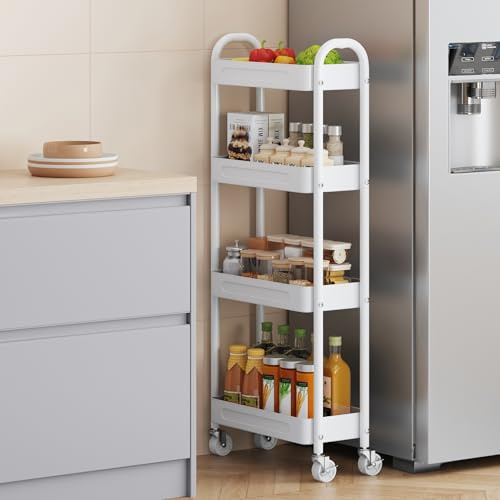 ZHYOCOGY Slim Metal Storage Trolley, Narrow Rolling Cart with Wheels, 18cm Wide Utility Rack for Bathroom, Kitchen, Laundry, Toilet Side, Carbon Steel Organizer with Mesh Baskets (White, 4 tTier)