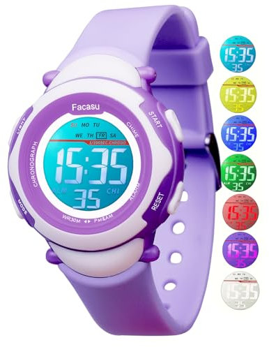 Facasu Kinderuhr Digital für Mädchen Jungen,wasserdichte Kinderuhr,Bunt Light,Outdoor Sport Armbanduhr Kinder, Einfaches Ablesen Einstellen der Uhrzeit mit Stoppwatch Alarm für Kinder