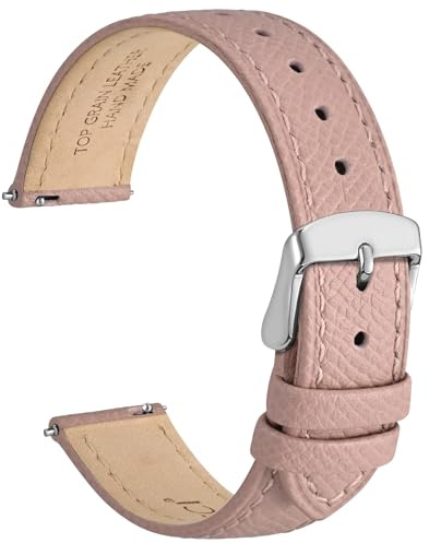 WOCCI 20mm Grace Leather Watch Strap for Ladies, Top Grain Leather, Quick Release Replacement Band with Silver Buckle (Retro Pink)