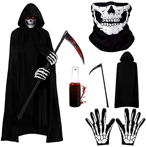 Huahuanghui Sensenmann Disfraz de 180 cm, disfraz de vampiro con máscara de calavera, guantes, sangre artificial, disfraz de Reaper, capa con capucha para carnaval, fiesta temática (adultos)
