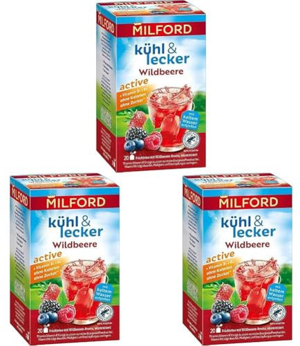 Milford kühl & lecker active Wildbeere | Ohne Kalorien | Ohne Zucker | Laktosefrei | Glutenfrei | Vegan | 20 Teebeutel |50 g (Packung mit 3)