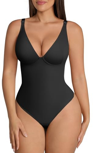 FeelinGirl Shapewear Damkropp Djup V-ringning Midjeformande Bodysuit Tanga Formande Bodys Mode-Shaper med Breda Axelband