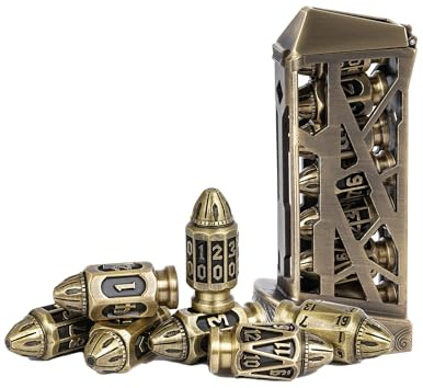 UDIXI Metal DND Bullet Dice Set, 7-Die Polyhedral Metal Dice Set with Magazine Container for D&D, Role Playing Game or Other Tabletop Games（Ancient Bronze）