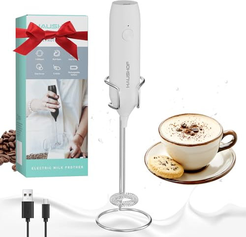 HAUSHOF Milchaufschäumer Stab, Wiederaufladbarer Hand-Milchschäumer, mit Schneebesen aus Edelstahl, mit Ständer, mit USB-Ladekabel, Einfache Handhabung für Kaffee, Cappuccino, Latte, Weiß