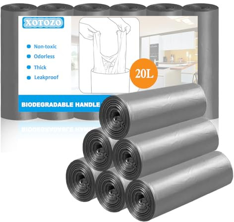 Sacchetti per la spazzatura da 20 litri, 120 sacchetti, 20 l, con manico, per cucina, WC, bagno, camera da letto, ufficio, 51 x 63 cm (grigio)