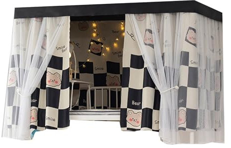 Hochbett-Baldachin mit 2 m langen Vorhängen und einziehbarem Ständer, für alle Jahreszeiten, Schlafzimmerdekoration mit Bären-Design, inklusive 3 Vorhängen und 1,5 m Regal