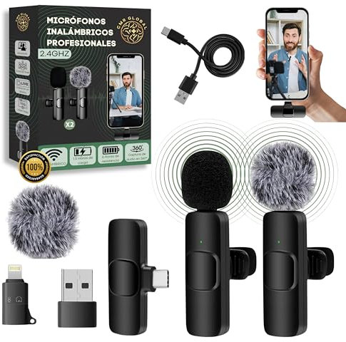 PACK PRO 2 Pcs Micrófono inalámbrico para iPhone, iPad, Android, PC, con USB-C, Microfonos de Solapa con Clip para Grabación de Vídeo, Youtube, Twitch, TikTok Podcast, en Vivo con cancelación de Ruido