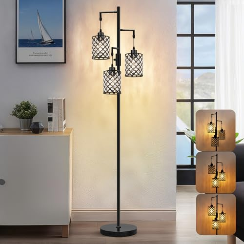 GyroVu Lámpara de pie de cristal negro, lámpara alta de pie de 3 luces con pantalla de cristal K9 brillante, interruptor rotativo, lámparas fáciles de montar para salón, dormitorio, biblioteca