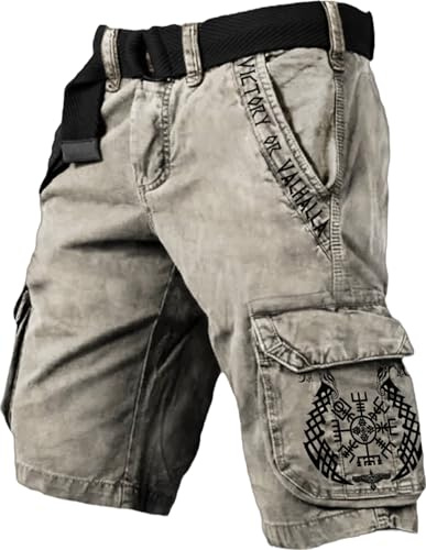 XuanXmy Pantalones Cortos Tácticos De Carga Impresos De Viking para Hombres, Estilo Retro, Multibolsillo, Sueltos (sin Cinturón)