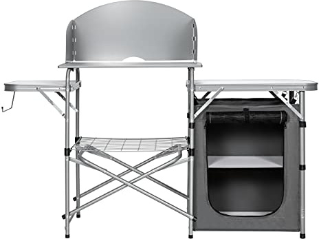 GYMAX Cocina de Camping Plegable, Armario de Camping con Marco de Aluminio, Parabrisas, Encimera Espaciosa, Estante de Rejilla, Bolsa con Cremallera, Mesa de Picnic Multiuso para Playa, Patio, BBQ
