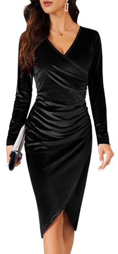 heekpek Robe de Soiree Femme Chic et Glamour Longue Manche Col en V Robe Cocktail Fete Moulante Velours Hiver Fendue Vintage Tenue Fete Mi Longue, Noir, M