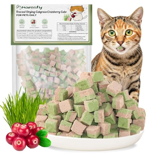 Havenfly Freezed-Dried Cat Grass Treats, Catgrass Cranberry Duo Bites, Cat Dental Treats for Hairball Control and Urinary Tract Support, Cats Teething Stick (60g, Cranberry)