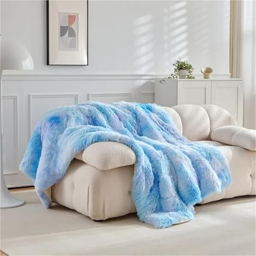 Dubbel Minkfleece Lammfleece Bomullsfilt Korallfleece Glassfilt Långt Hår Enfärgad Enkel Sofffilt(Blue,100x150cm)