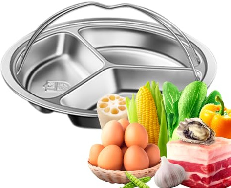 Bandeja de cocción a vapordividida – de cocción23 x 23 x 3 cm, sartén de vapor de acero inoxidable 304, diseño de comida compartimentada con acabado liso | Inserto de cocción al vapor