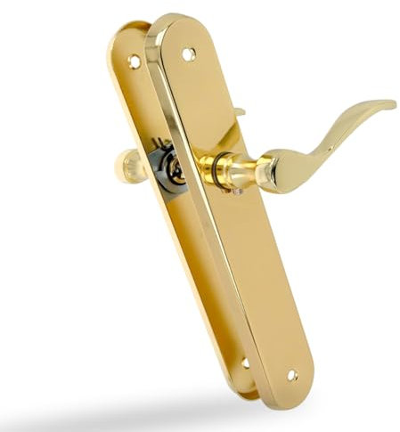 Amig - Lot de 2 poignées de porte | Manivelle fonctionnelle et ergonomique | Plaque ovale en acier et poignée de Zamak | Laiton verni | Sans trou de bouche | 237 x 40 x 55 mm