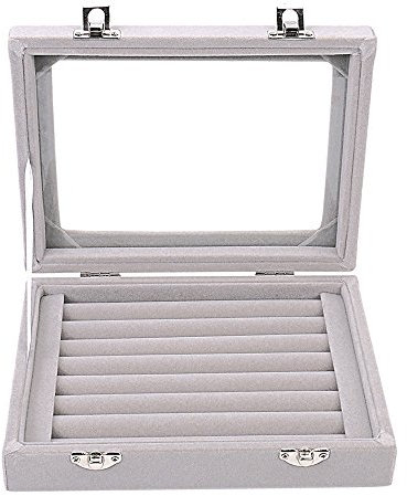 LANTWOO Velvet Glass Jewelry Display Storage Box Ring Earrings Jewelry Box Ring Holder Case, 2 Clasps