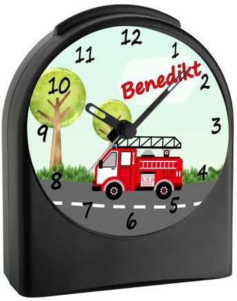 CreaDesign, WU-50-1009, Feuerwehr, analog Kinderwecker schwarz, Funkwecker ohne Ticken, mit Licht, personalisiert mit Namen, 9,6 x 5,5 x 11,9 cm, 104 g