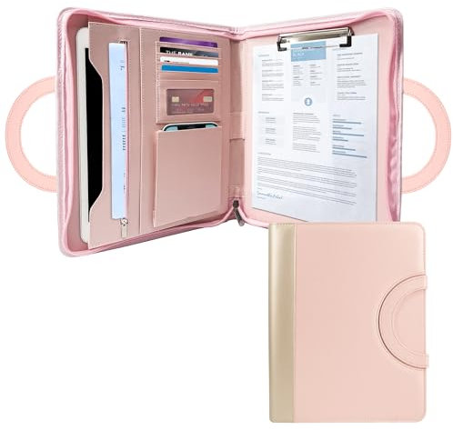GraduatePro Schreibmappe A4 Leder Dokumentenmappe Business Tablet Mappe Ordner Klemmbrettmappe mit Deckel Organizer Reißverschluss Portfolio Rosa