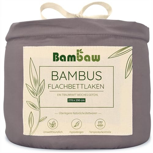 Bambaw Bambus Bettlaken ohne Gummizug 270x290 cm, atmungsaktive Bettwäsche Anti Schwitzen, kühlende Bettwäsche Sommer, weiches Betttuch ohne Gummi, Oeko-tex zertifizierte Bettlaken (Dunkelgrau)