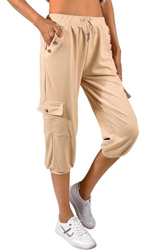 heekpek Pantaloni Capri Donna Estivi 3/4 Pantaloni Jogging Sportivi Donna Casual Sciolto 3/4 Pantaloni Sportivi con Bottone Tasche e Coulisse Elastica in Vita, Cachi, M