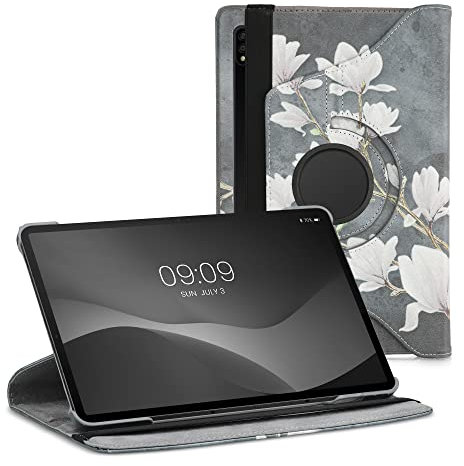 kwmobile 360° Case Compatible with Samsung Galaxy Tab S8 - Case PU Leather Tablet Cover with Stand - Magnolias Taupe/White/Dark Grey