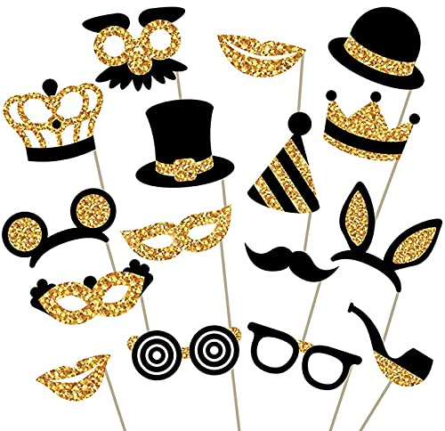 16PCS Birthday Party Photo Props Black and Gold Photo Booth Props And Signs Prom Photobooth Party Props Moustache Glasses Hats Cro wns Photo Props Birthday Selfie Props For Adult Kid Wedding