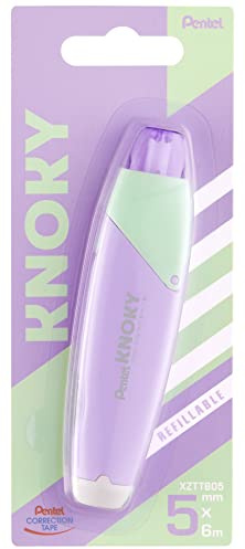 Pentel XZTT805V-WY Knoky korrigeringsband med tryckmekanik, ergonomisk form, påfyllningsbar, längd 6 m, bredd 5 mm, husfärg violett, 1 st i blisterförpackning