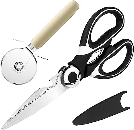 Relota 2 pezzi Forbici da Cucina, Forbice da Cucina Set con Rotella Tagliapizza e Trinciapollo, Taglia Pizza e Forbici Cucina Set in Acciaio Inox per Carne, Verdura, Pesce, Pasta e Pizza