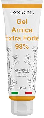 Oxxigena - Gel Arnica Extra Fuerte 98%, con Acción Calmante y Balsámica, con Agregado de Aceite Esencial de Tomillo y Mentol, Absorción Rápida, 100 ml