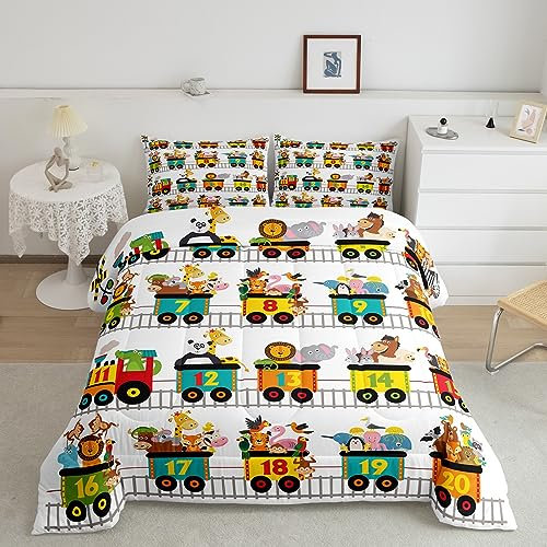 Erosebridal Zoo Animals Comforter Set Twin for Kids Toddler Cartoon Train Bedding Set, Cute Steam Engine Duvet Set with Giraffe, Lion, Elephant Quilted Comforter